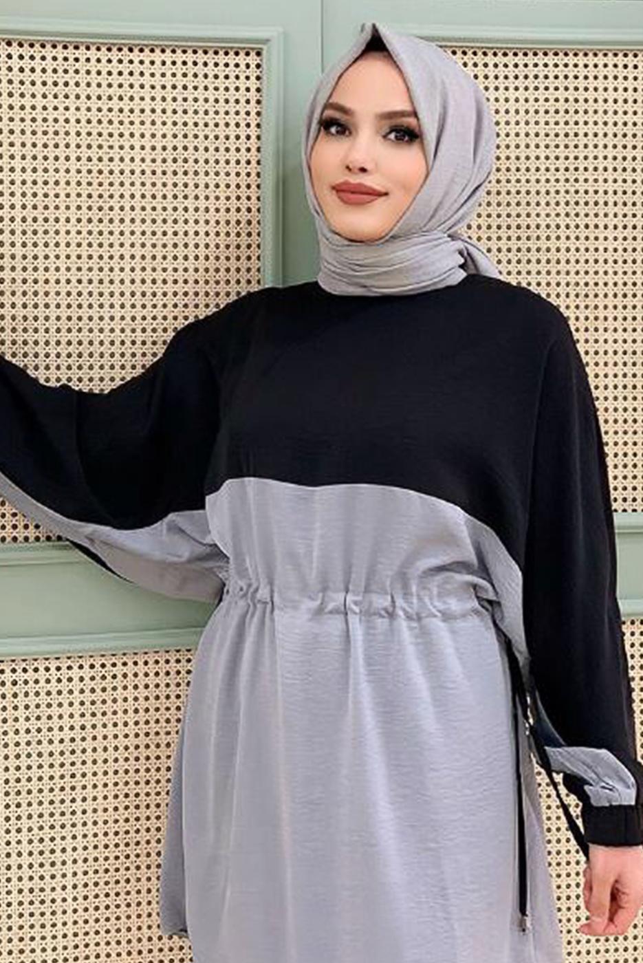 Vêtements hijab NOIR ENSEMBLE PANTALON BICOLORE SMOCKING TAILLE 3328