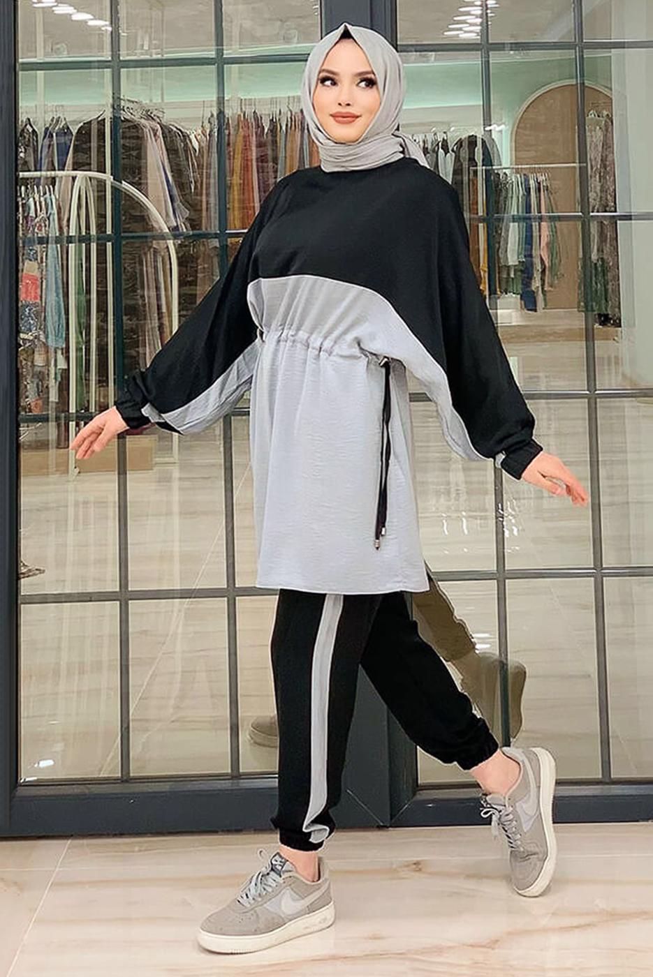 Vêtements hijab NOIR ENSEMBLE PANTALON BICOLORE SMOCKING TAILLE 3328