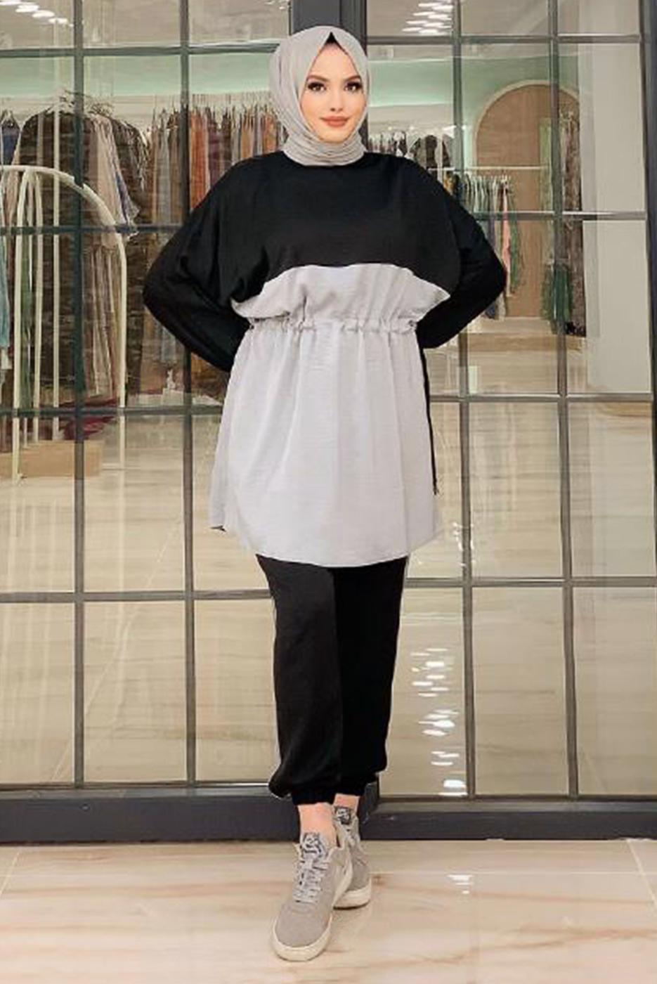 Vêtements hijab NOIR ENSEMBLE PANTALON BICOLORE SMOCKING TAILLE 3328