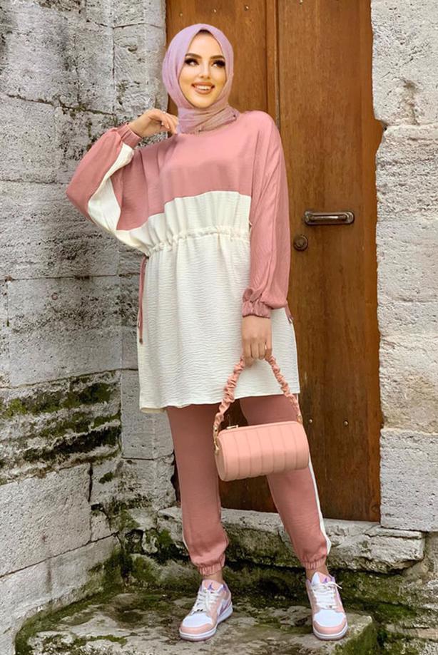 Hijab clothing  TWO COLORED SMOCKING WAIST PANTS SUIT 3328  - TRENDTESETTÜR