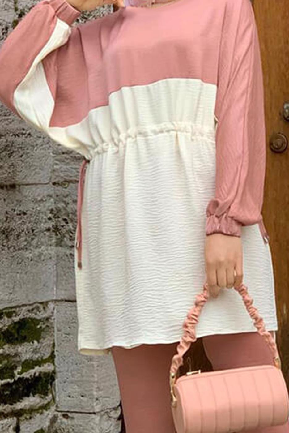 Hijab clothing POWDER TWO COLORED SMOCKING WAIST PANTS SUIT 3328
