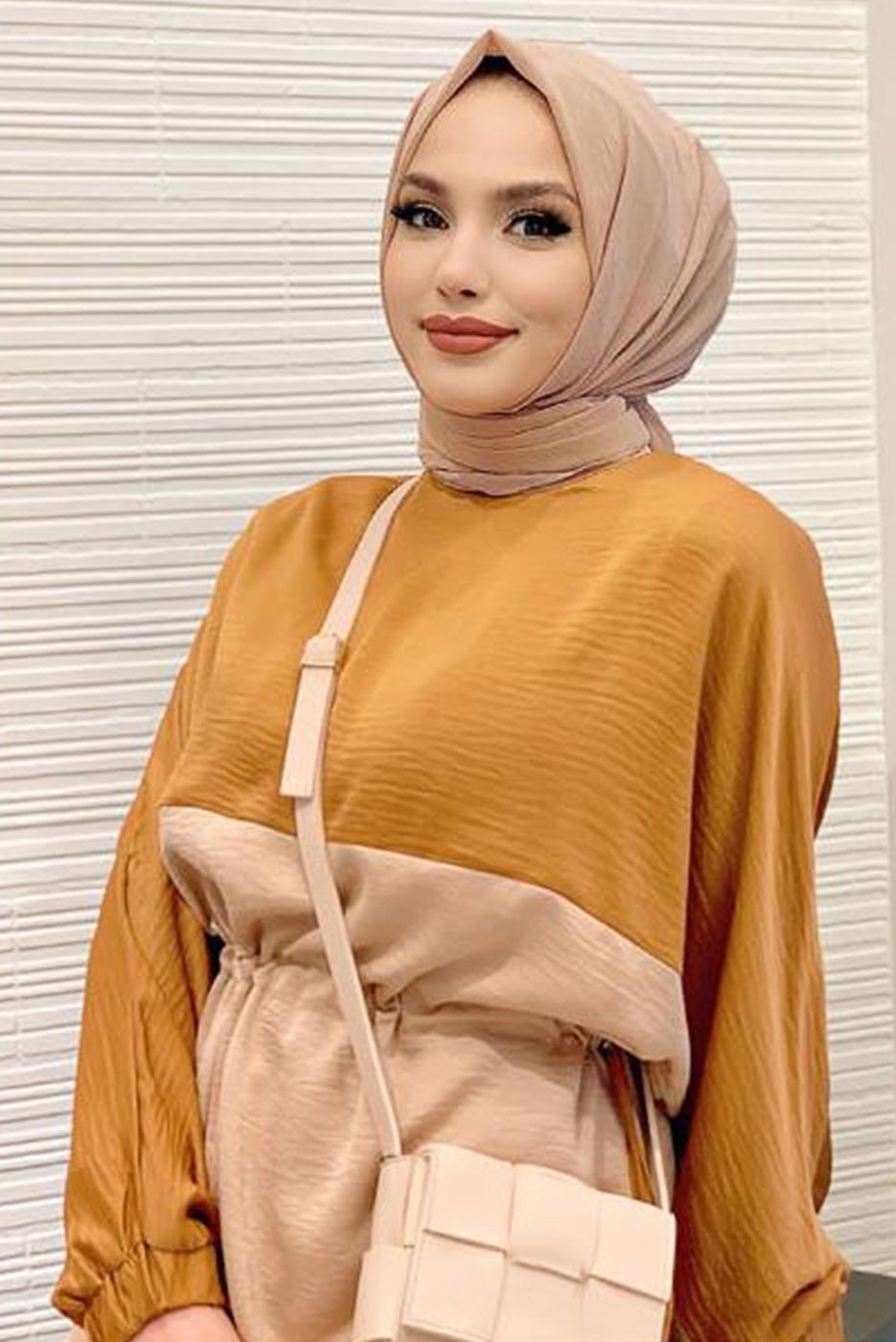 Tesettür giyim TABA İKİ RENKLİ BELİ BÜZGÜLÜ PANT. TAKIM 3328 