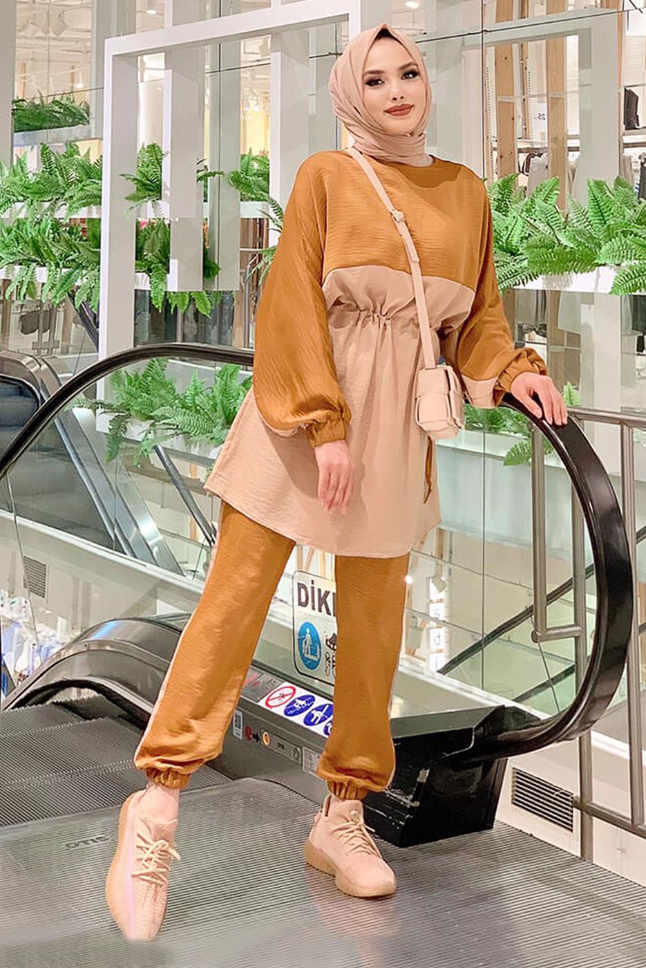 Tesettür giyim TABA İKİ RENKLİ BELİ BÜZGÜLÜ PANT. TAKIM 3328 