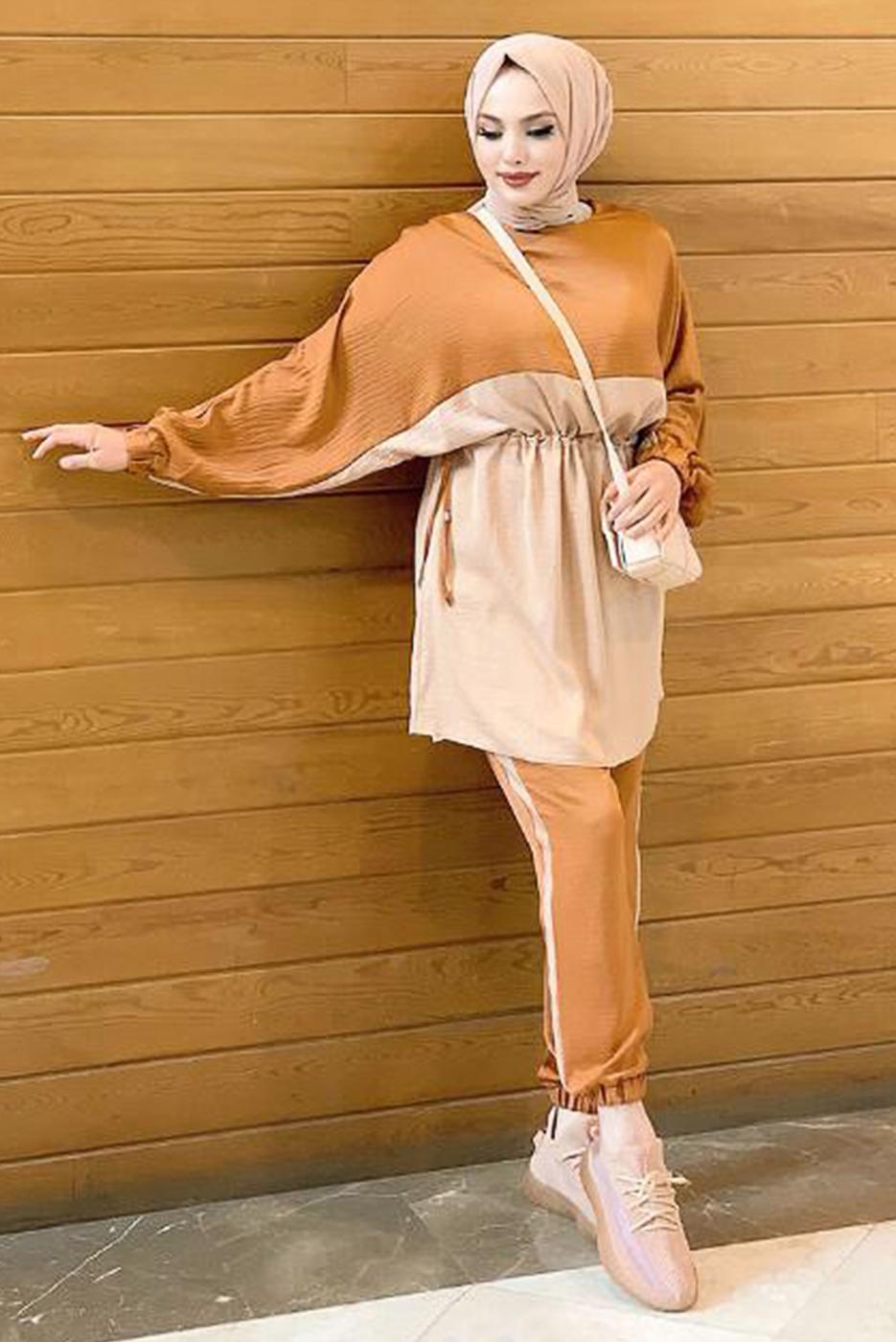 Tesettür giyim TABA İKİ RENKLİ BELİ BÜZGÜLÜ PANT. TAKIM 3328 