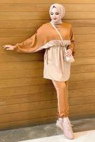 Tesettür giyim TABA İKİ RENKLİ BELİ BÜZGÜLÜ PANT. TAKIM 3328 
