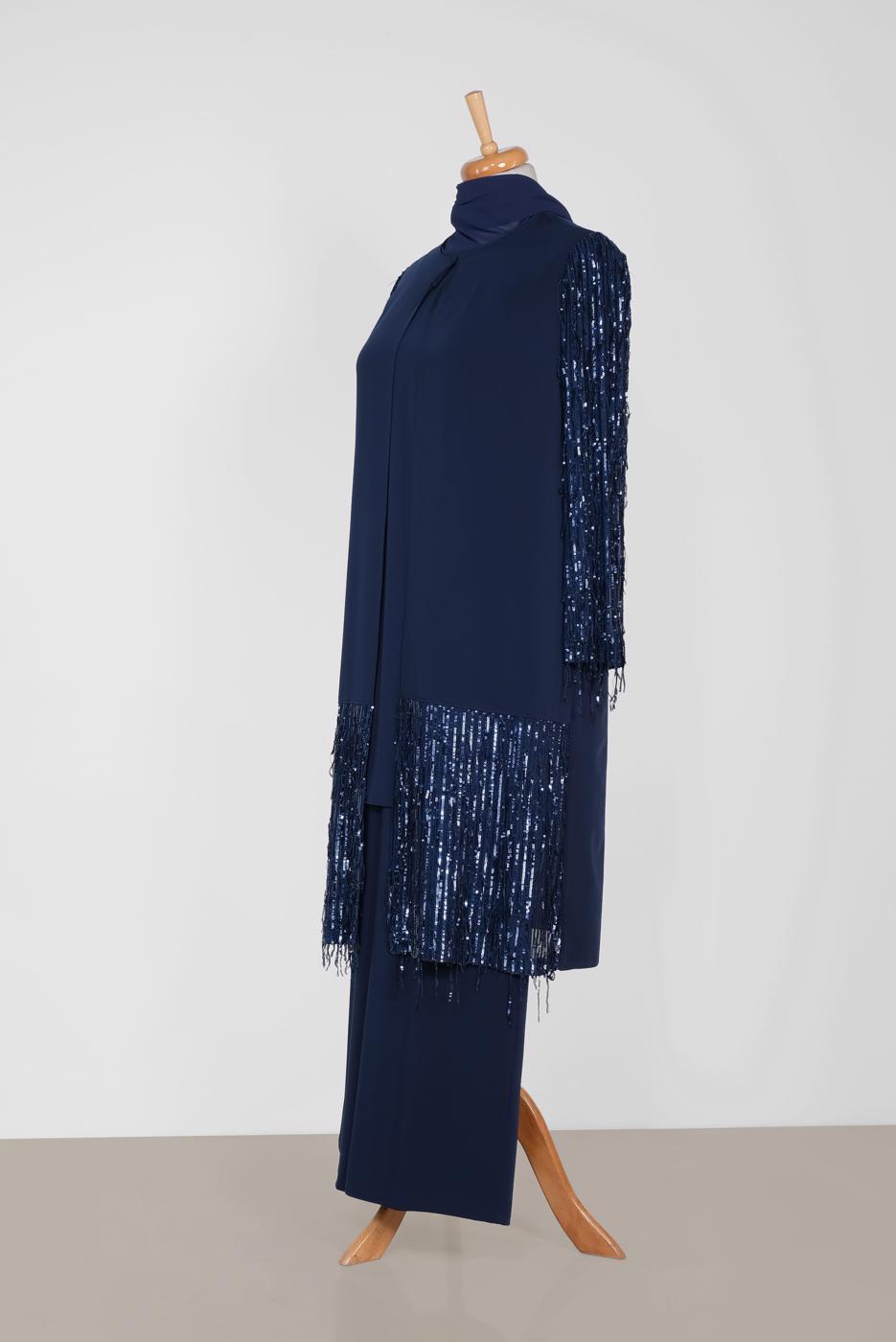 Tesettür giyim LACİVERT PUL PAYETLİ ÜÇLÜ PANT. TAKIM 3571 