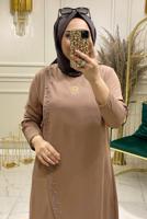 Tesettür giyim KAHVE BONCUK DETAYLI PANTOLONLU TAKIM 3578 