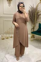 Tesettür giyim KAHVE BONCUK DETAYLI PANTOLONLU TAKIM 3578 