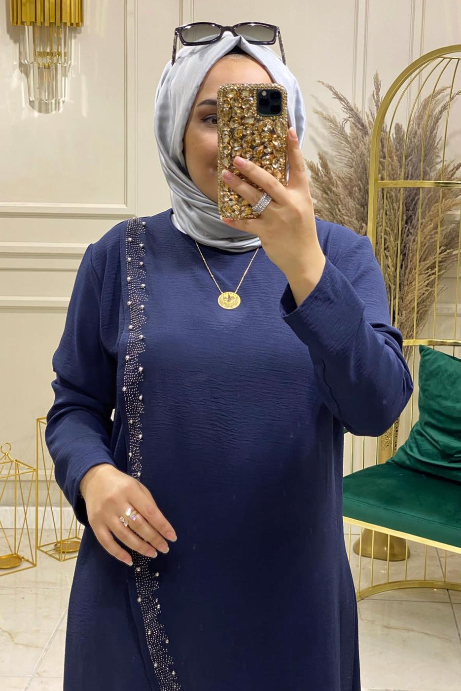 Tesettür giyim LACİVERT BONCUK DETAYLI PANTOLONLU TAKIM 3578 