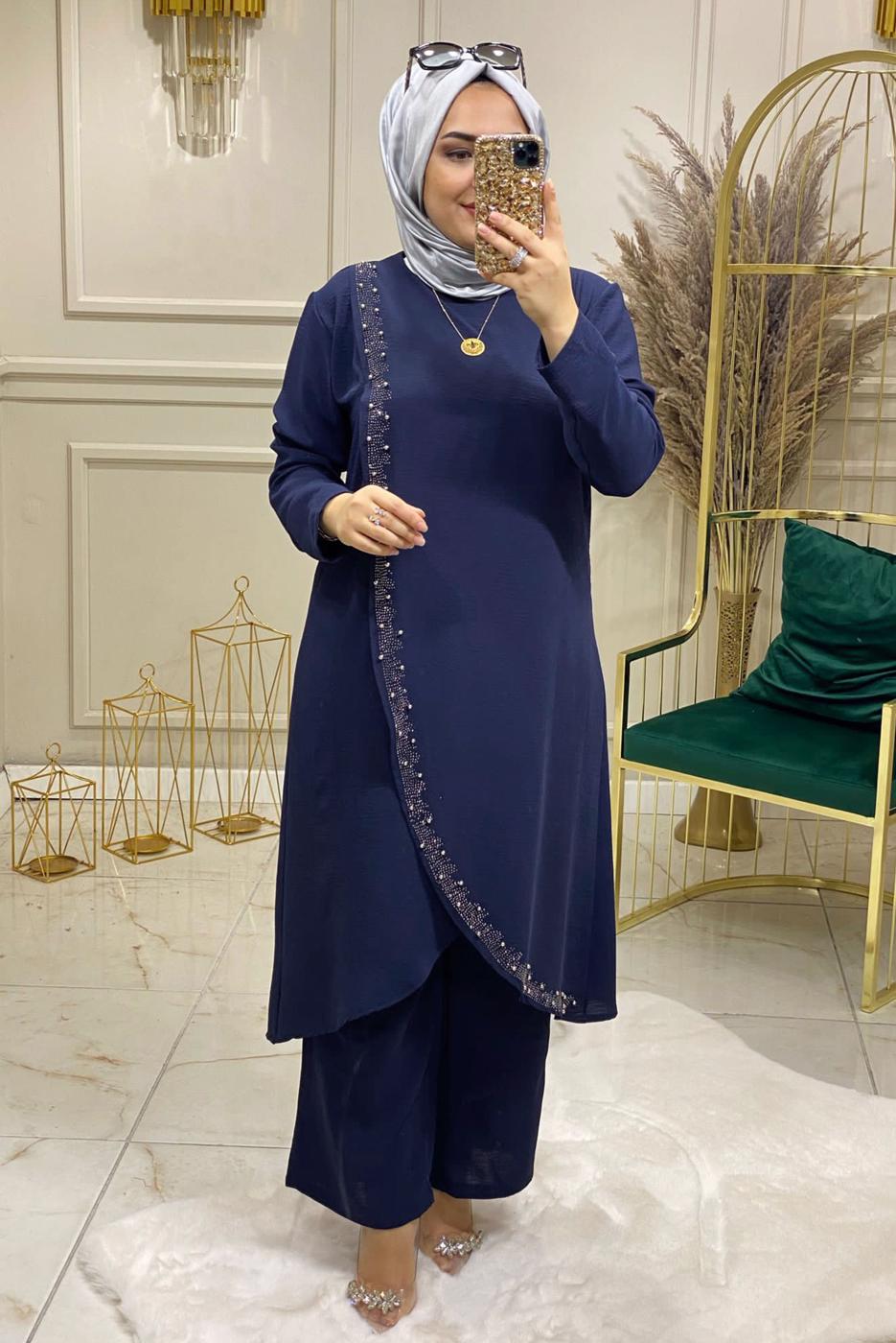Tesettür giyim LACİVERT BONCUK DETAYLI PANTOLONLU TAKIM 3578 