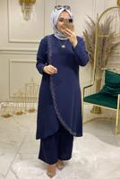Tesettür giyim LACİVERT BONCUK DETAYLI PANTOLONLU TAKIM 3578 