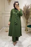 Tesettür giyim YEŞİL YAKASI BONCUK İŞLEMELİ PANTOLONLU TAKIM 3584  