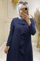 Tesettür giyim LACİVERT YAKASI BONCUK İŞLEMELİ PANTOLONLU TAKIM 3584  