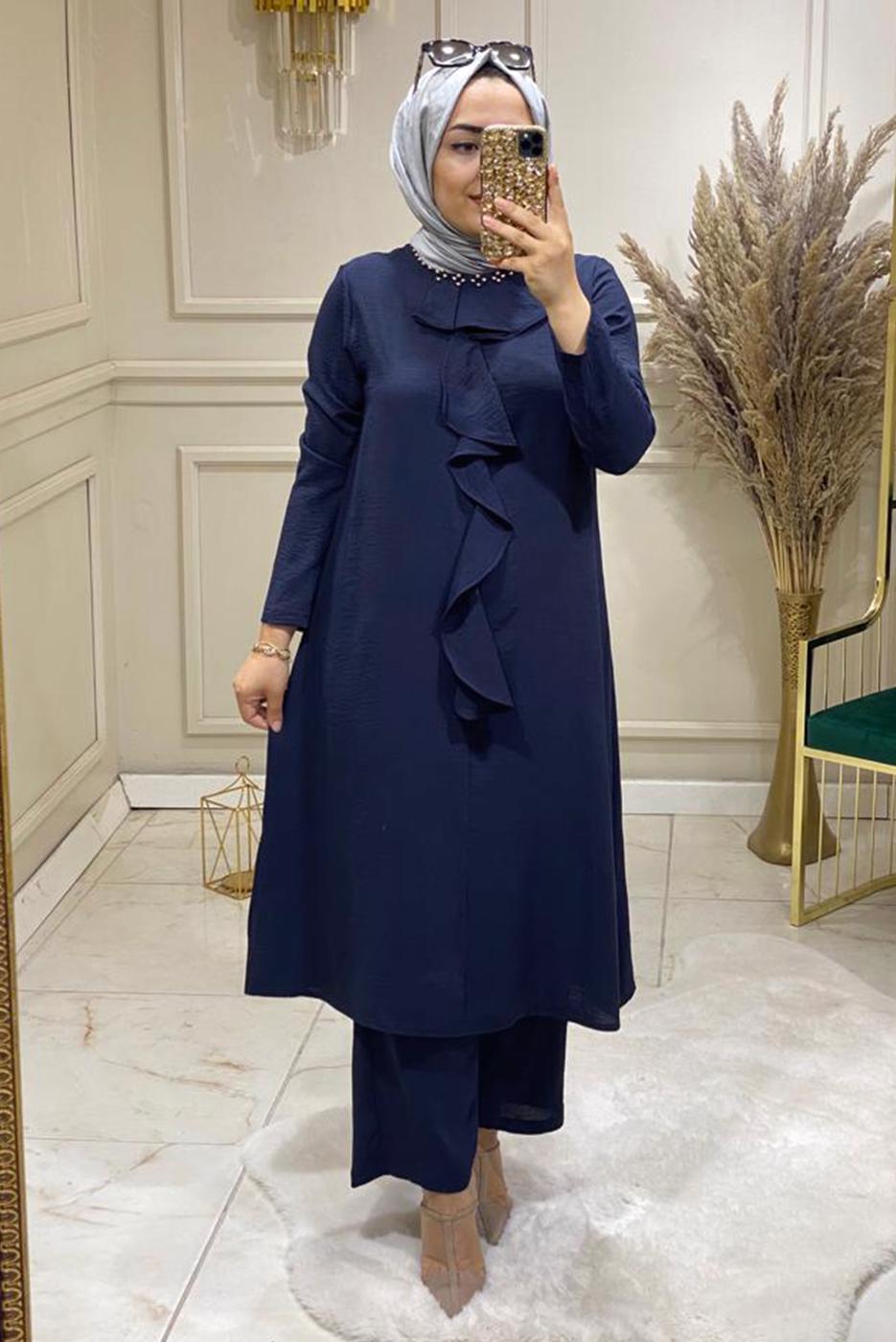 Tesettür giyim LACİVERT YAKASI BONCUK İŞLEMELİ PANTOLONLU TAKIM 3584  