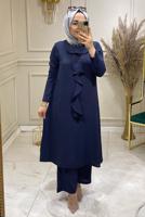 Tesettür giyim LACİVERT YAKASI BONCUK İŞLEMELİ PANTOLONLU TAKIM 3584  