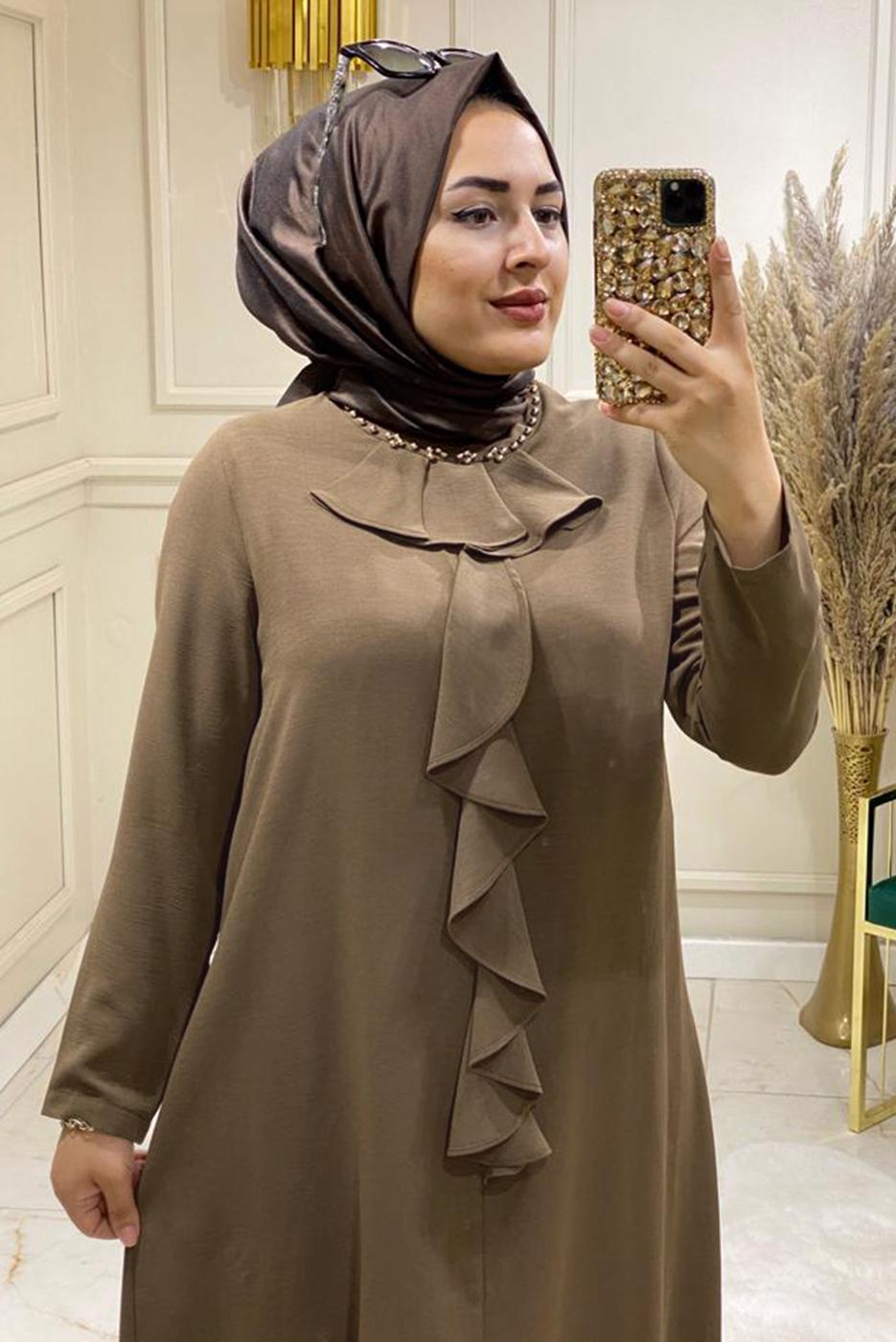 Tesettür giyim VİZON YAKASI BONCUK İŞLEMELİ PANTOLONLU TAKIM 3584  