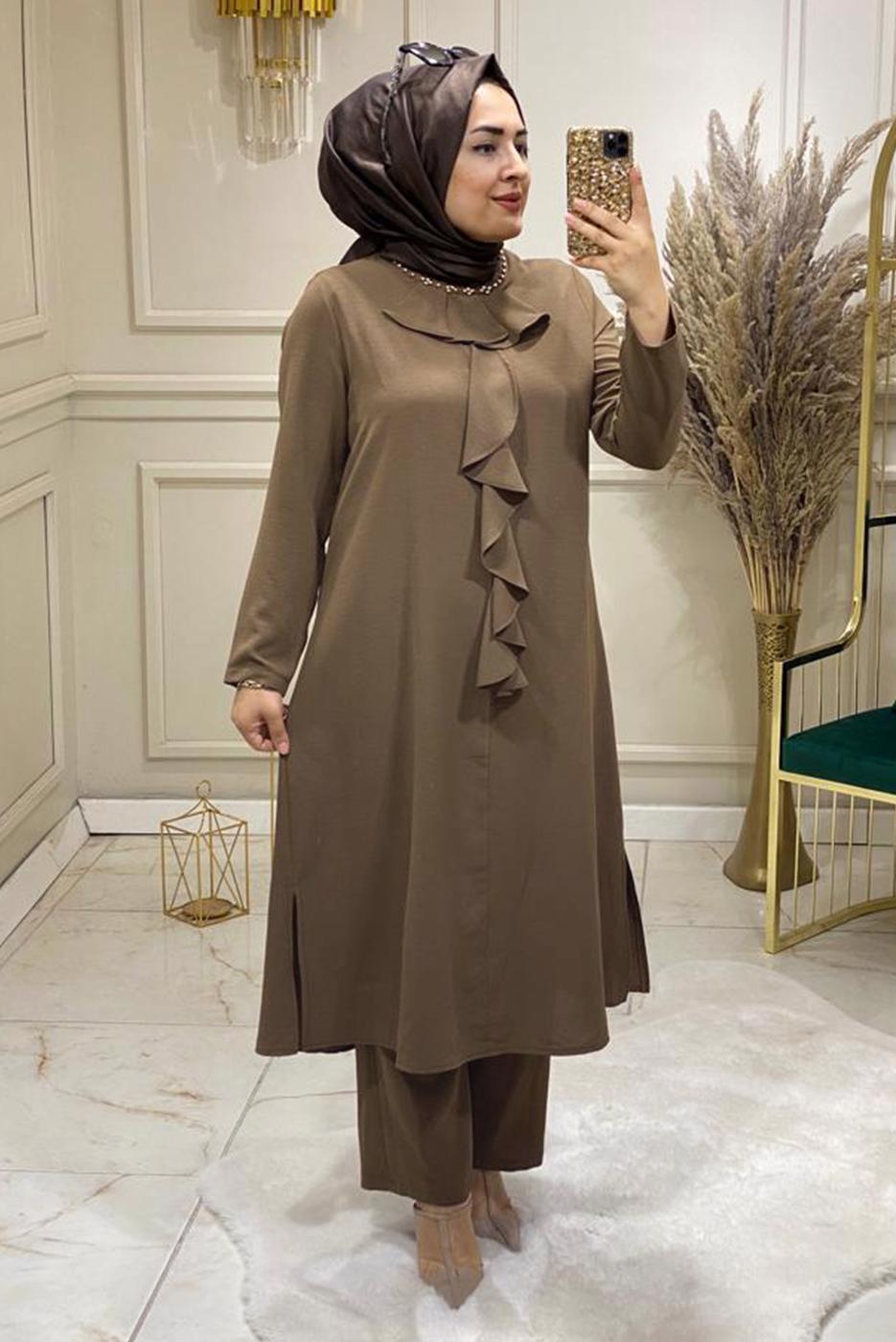 Tesettür giyim VİZON YAKASI BONCUK İŞLEMELİ PANTOLONLU TAKIM 3584  