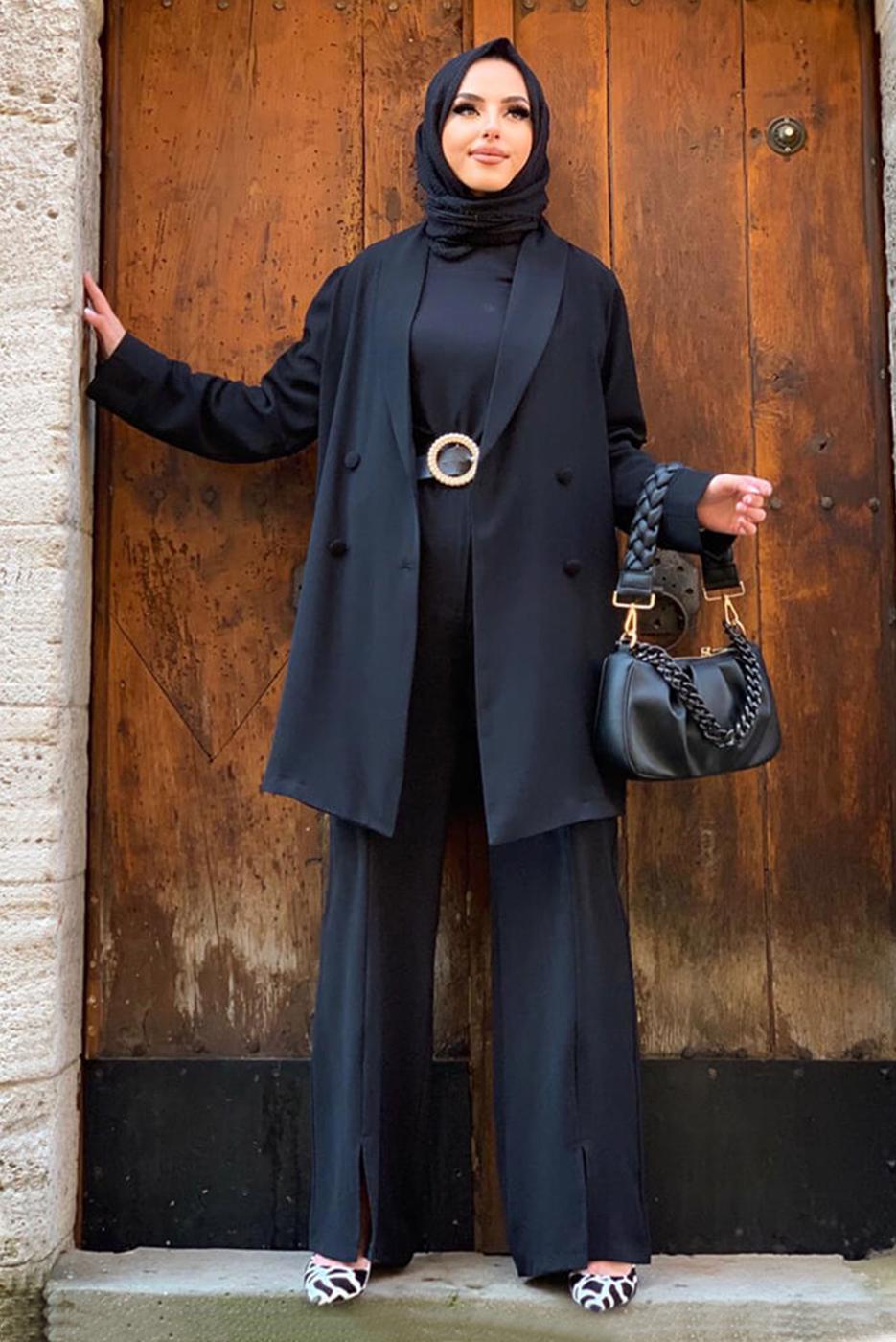 Tesettür giyim SİYAH KRUVAZE YAKA PANTOLONLU TAKIM T 3928