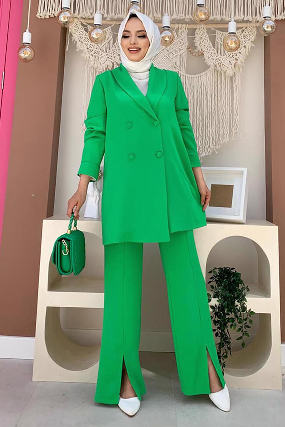 Tesettür giyim YEŞİL KRUVAZE YAKA PANTOLONLU TAKIM T 3928