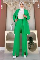 Tesettür giyim YEŞİL KRUVAZE YAKA PANTOLONLU TAKIM T 3928
