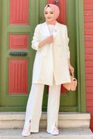 Tesettür giyim EKRU KRUVAZE YAKA PANTOLONLU TAKIM T 3928