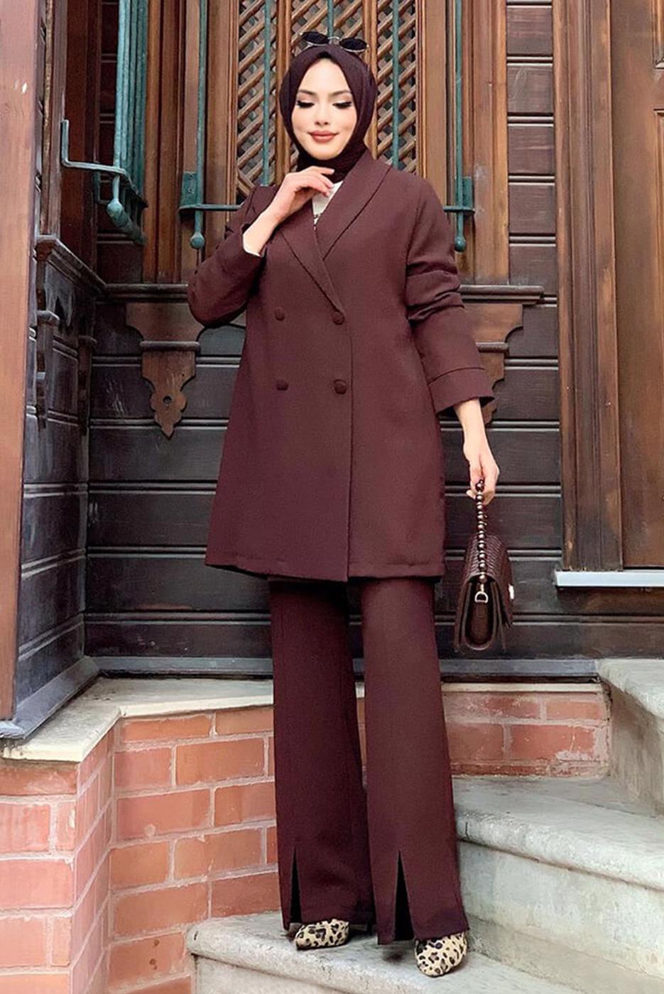 Hijab clothing BROWN DOUBLE BREASTED PANTS SUIT T 3928