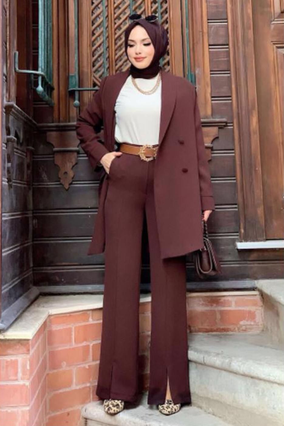 Hijab clothing BROWN DOUBLE BREASTED PANTS SUIT T 3928