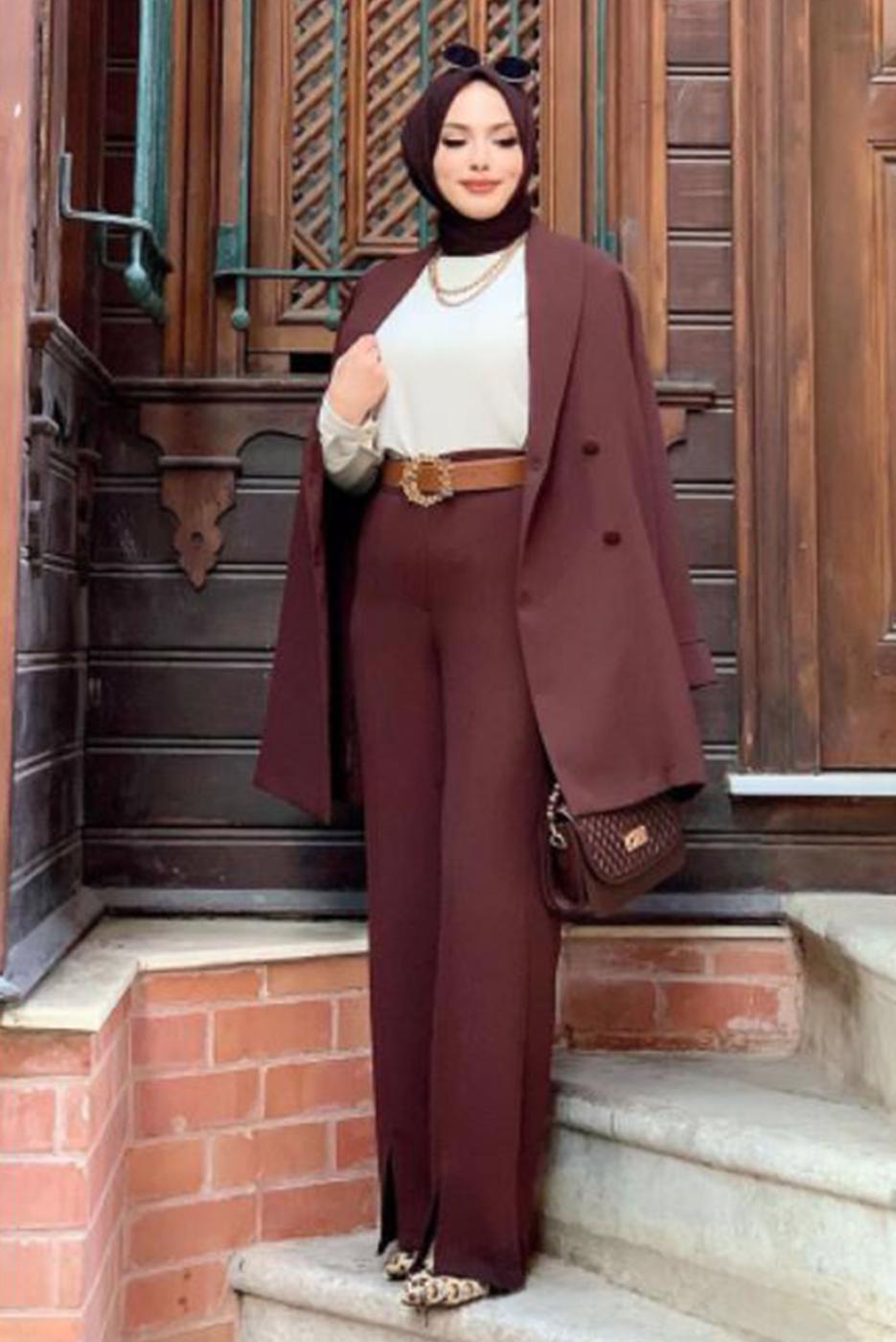 Hijab clothing BROWN DOUBLE BREASTED PANTS SUIT T 3928