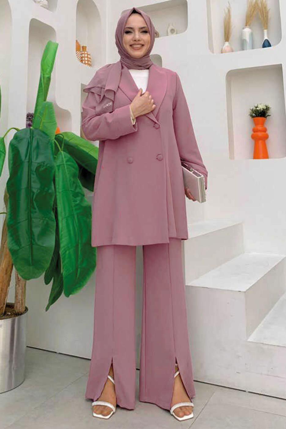 Tesettür giyim PUDRA KRUVAZE YAKA PANTOLONLU TAKIM T 3928