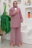 Tesettür giyim PUDRA KRUVAZE YAKA PANTOLONLU TAKIM T 3928