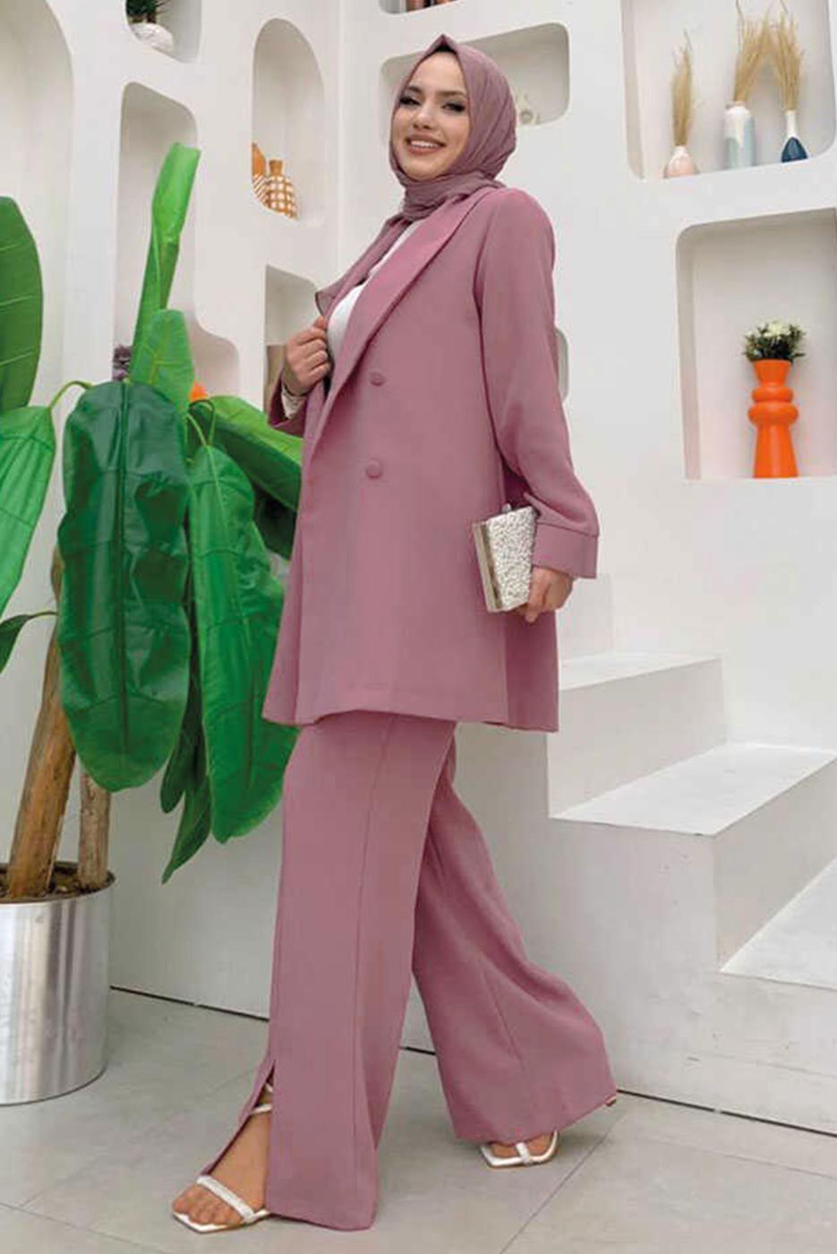 Tesettür giyim PUDRA KRUVAZE YAKA PANTOLONLU TAKIM T 3928