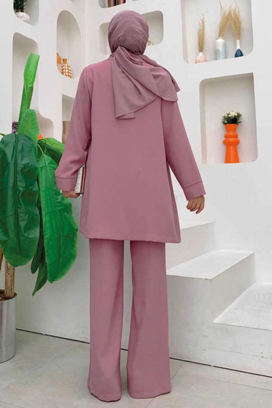 Tesettür giyim PUDRA KRUVAZE YAKA PANTOLONLU TAKIM T 3928