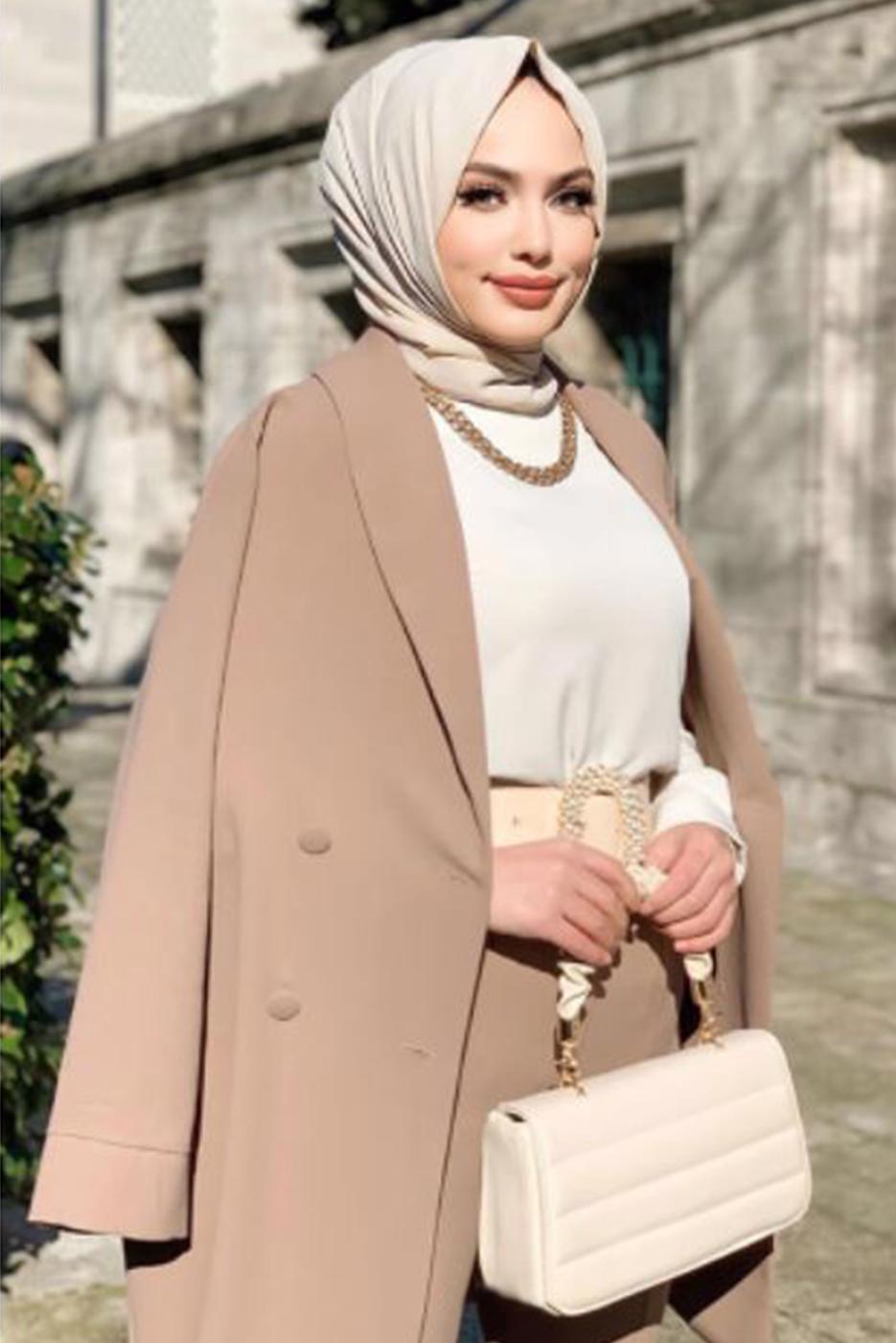 Tesettür giyim VİZON KRUVAZE YAKA PANTOLONLU TAKIM T 3928