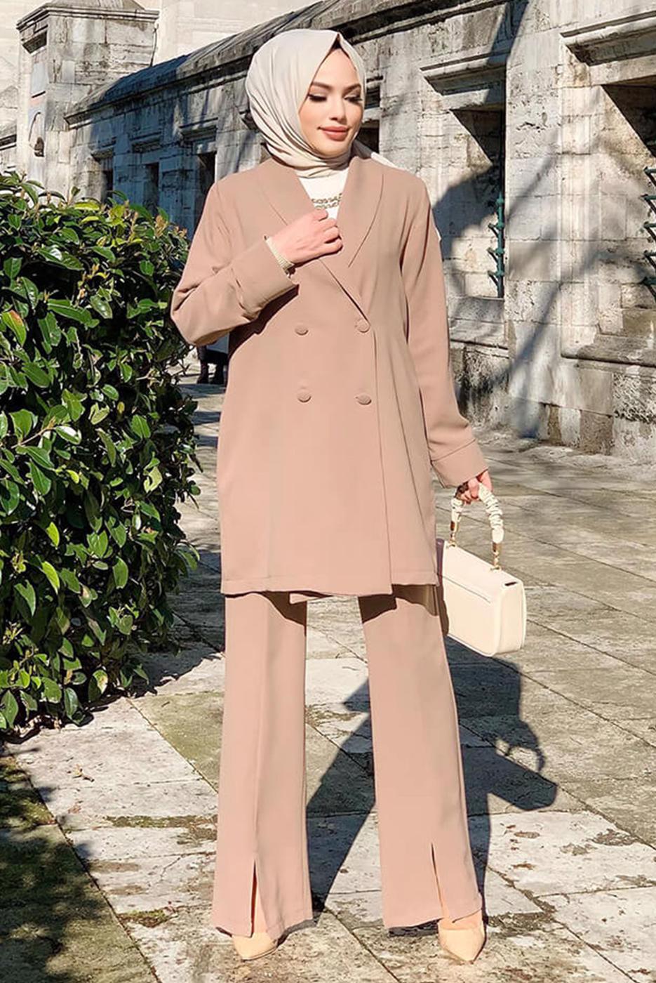 Tesettür giyim VİZON KRUVAZE YAKA PANTOLONLU TAKIM T 3928