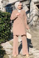 Tesettür giyim VİZON KRUVAZE YAKA PANTOLONLU TAKIM T 3928