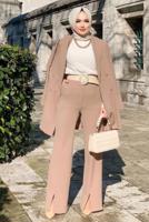 Tesettür giyim VİZON KRUVAZE YAKA PANTOLONLU TAKIM T 3928