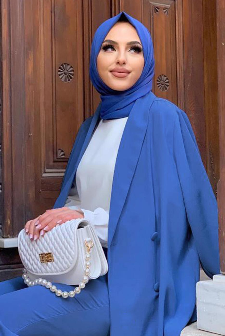 Tesettür giyim LACİVERT KRUVAZE YAKA PANTOLONLU TAKIM T 3928