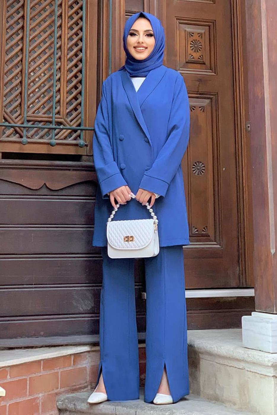 Tesettür giyim LACİVERT KRUVAZE YAKA PANTOLONLU TAKIM T 3928