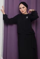 Tesettür giyim SİYAH BAĞLAMA DETAYLI ETEKLİ TAKIM 3942 