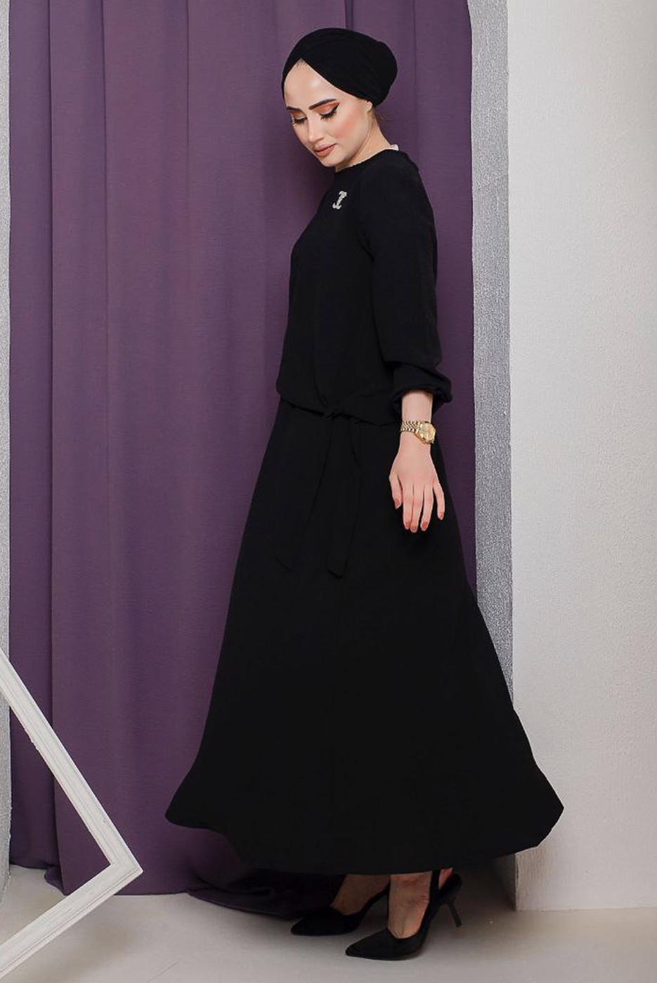 Tesettür giyim SİYAH BAĞLAMA DETAYLI ETEKLİ TAKIM 3942 