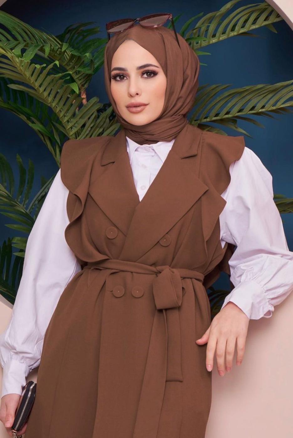 Tesettür giyim TABA VOLANLI PANTOLONLU TAKIM 42051 