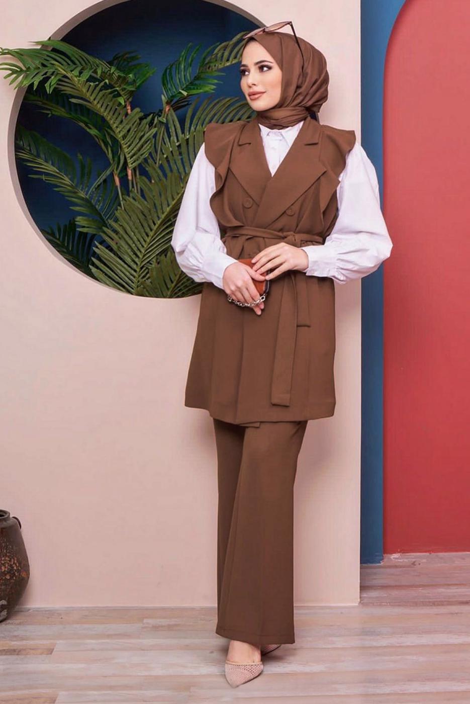 Tesettür giyim TABA VOLANLI PANTOLONLU TAKIM 42051 