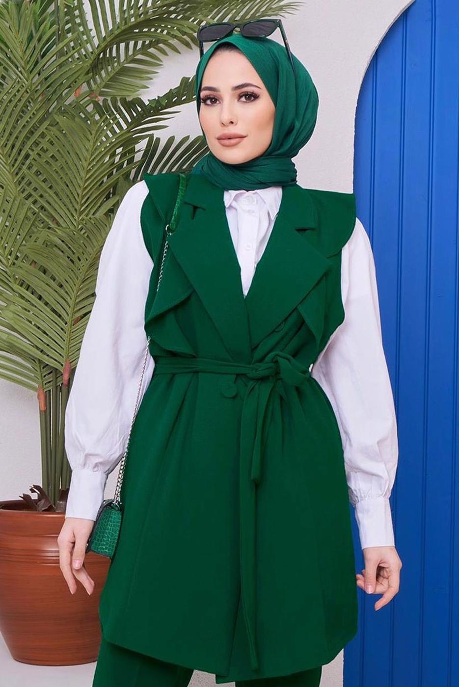 Tesettür giyim YEŞİL VOLANLI PANTOLONLU TAKIM 42051 