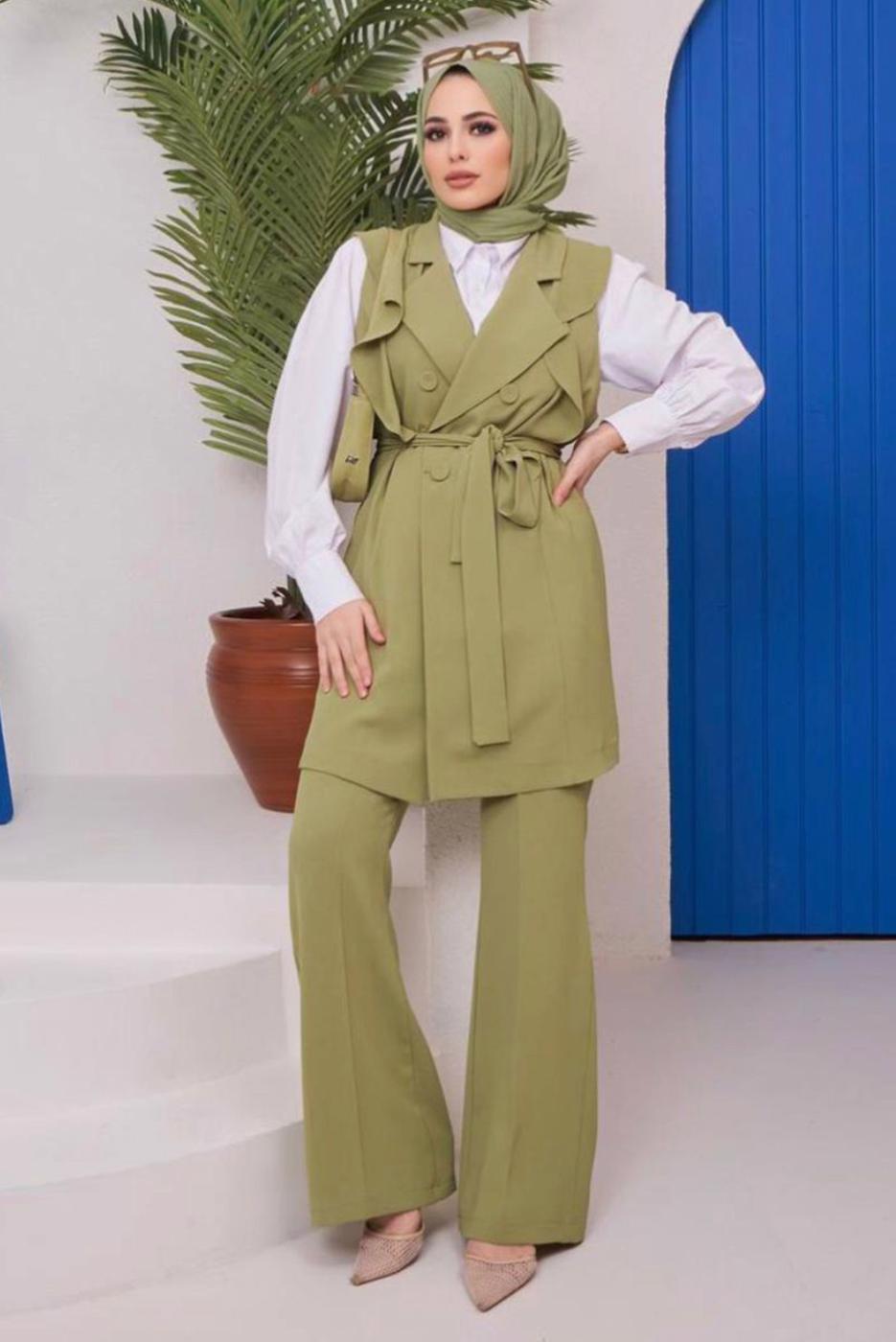 Tesettür giyim YEŞİL VOLANLI PANTOLONLU TAKIM 42051 