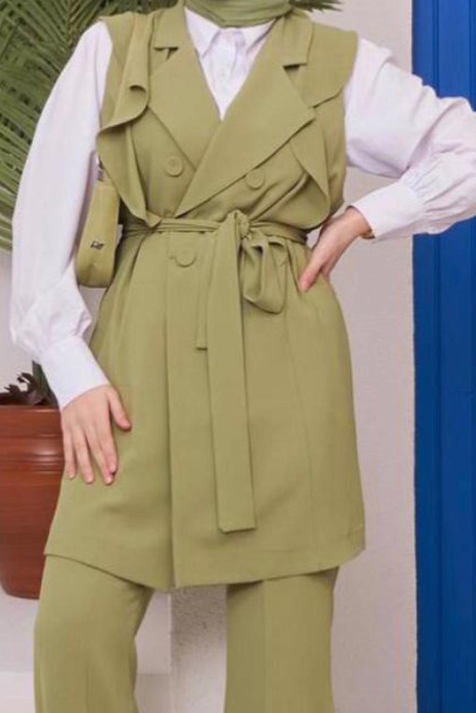 Tesettür giyim YEŞİL VOLANLI PANTOLONLU TAKIM 42051 