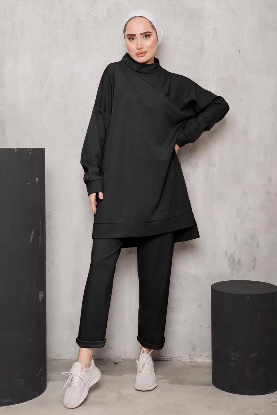 Tesettür giyim SİYAH DİK YAKALI İKİLİ PANTOLONLU TAKIM 4222 