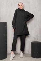 Tesettür giyim SİYAH DİK YAKALI İKİLİ PANTOLONLU TAKIM 4222 