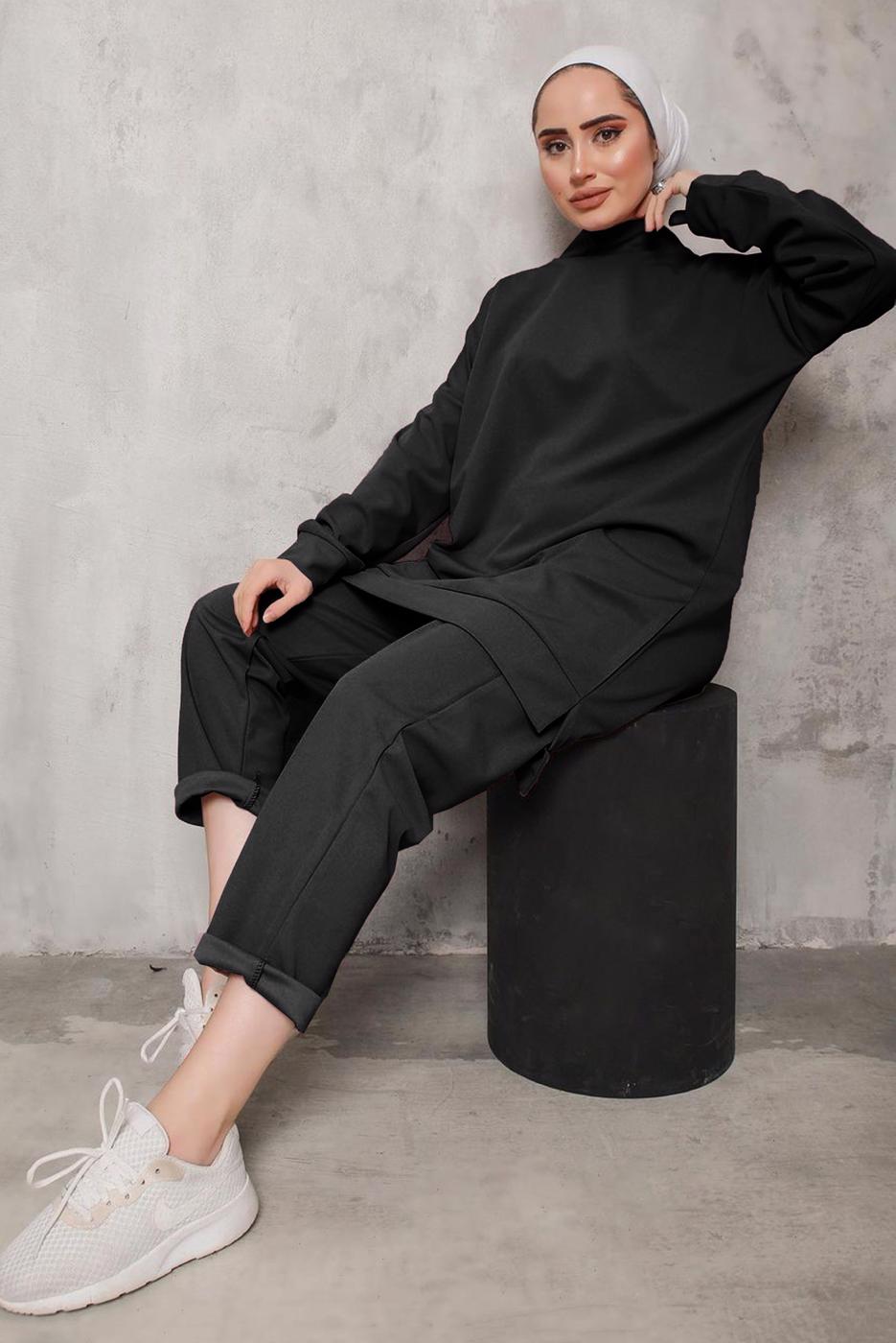 Tesettür giyim SİYAH DİK YAKALI İKİLİ PANTOLONLU TAKIM 4222 