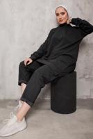 Tesettür giyim SİYAH DİK YAKALI İKİLİ PANTOLONLU TAKIM 4222 