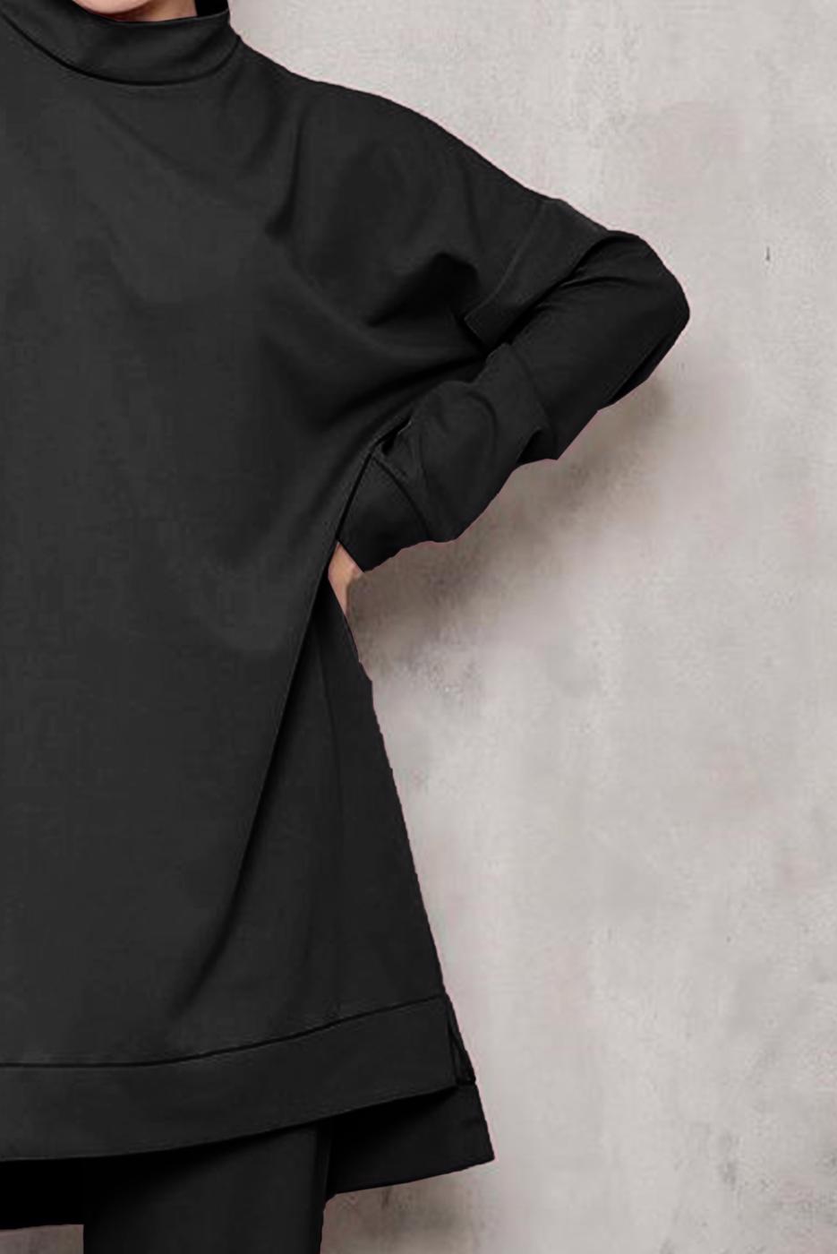 Tesettür giyim SİYAH DİK YAKALI İKİLİ PANTOLONLU TAKIM 4222 